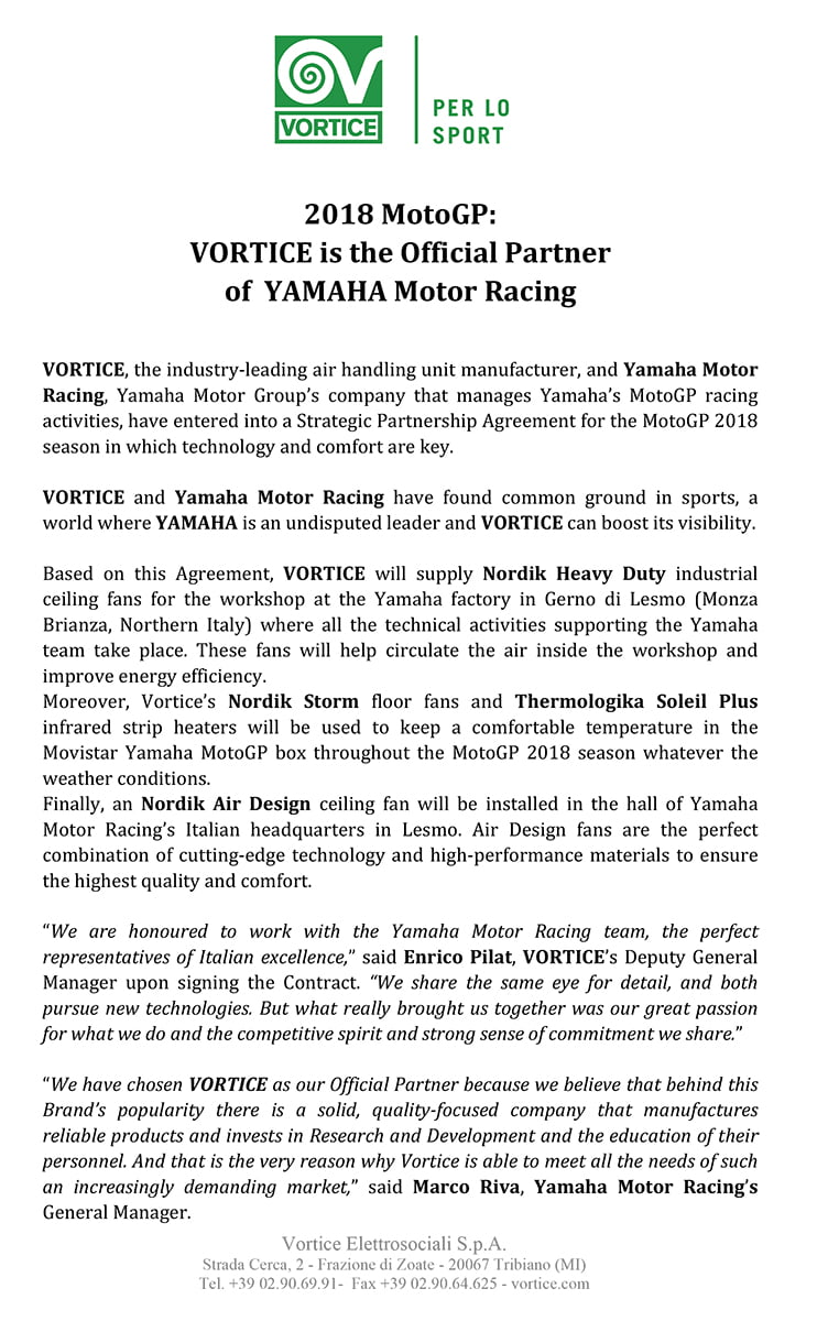 Vortice Oficjalny Partner Yamaha Motor Racing